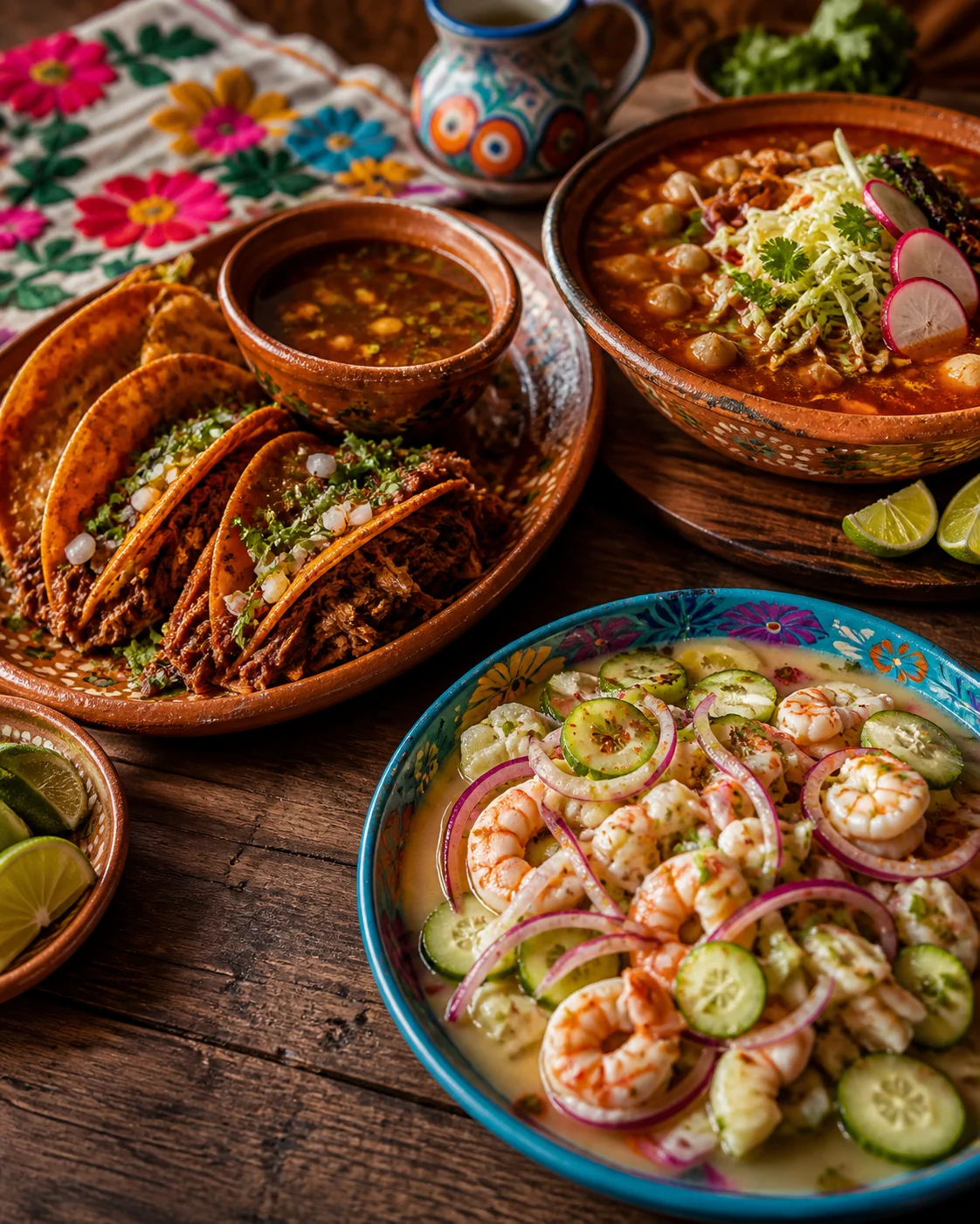 Birria tacos, pozole, and shrimp aguachile served in colorful Mexican ceramics