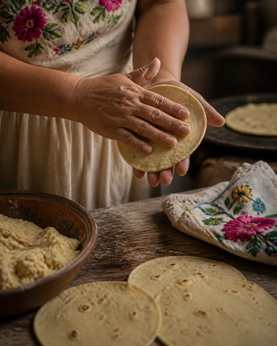 Hands shaping a fresh corn tortilla in a warm home kitchen